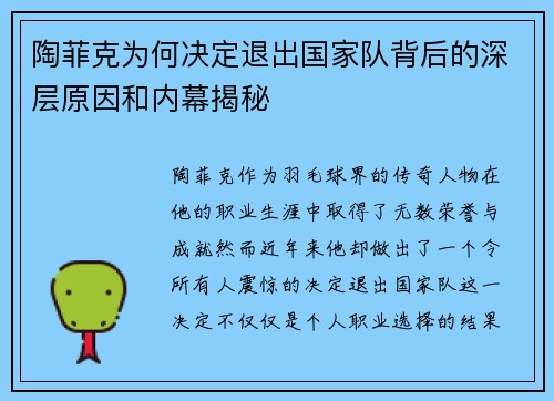 陶菲克为何决定退出国家队背后的深层原因和内幕揭秘
