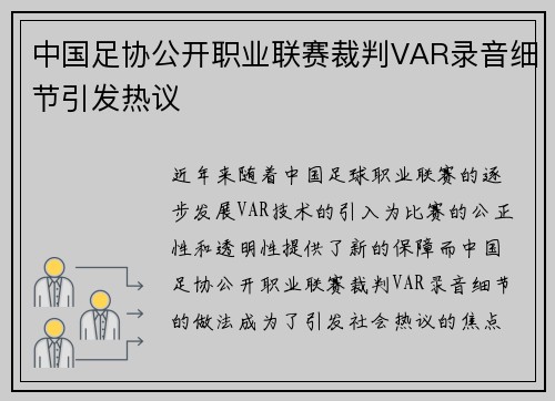 中国足协公开职业联赛裁判VAR录音细节引发热议